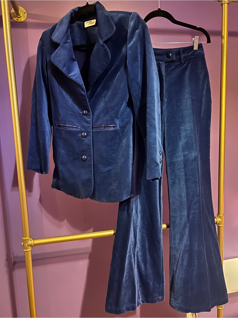 Hippie Shake Velvet Navy Blazer & Flare Pant Set Size 4
